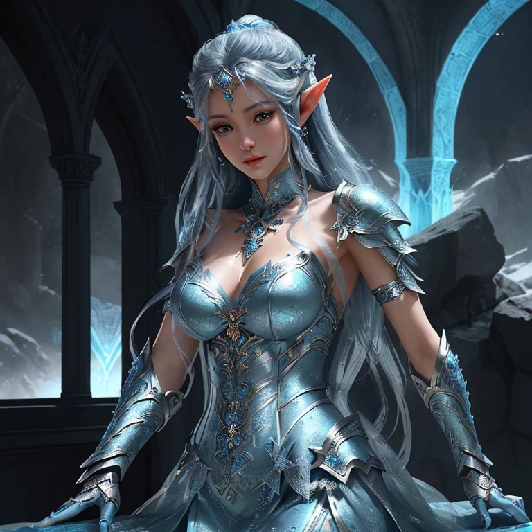 a closeup of a seductive elf girl in a silver and blue dress, detailed fantasy art, awesome character art, fanart best art station, Exquisite and epic character art., beautiful armor, Extremely detailed artistic germ, detailed digital art, Artgerm and ArtStation Pixiv, armor elf