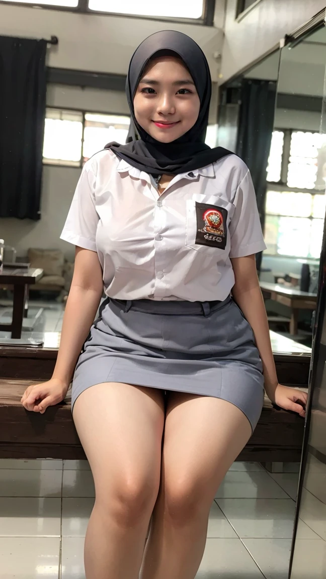 female, 1 beautiful indonesian girls, wearing indonesian high , indonesian high  grey skirt, smile, dynamic pose, Fullbody, curvy body, good hand angle, white shirt, Eye-Level Shot, 135mm, bokeh, god rays, reflection light, masterpiece, best quality, highres, HD, 8k, textured skin, high quality, UHD, beautiful hijab