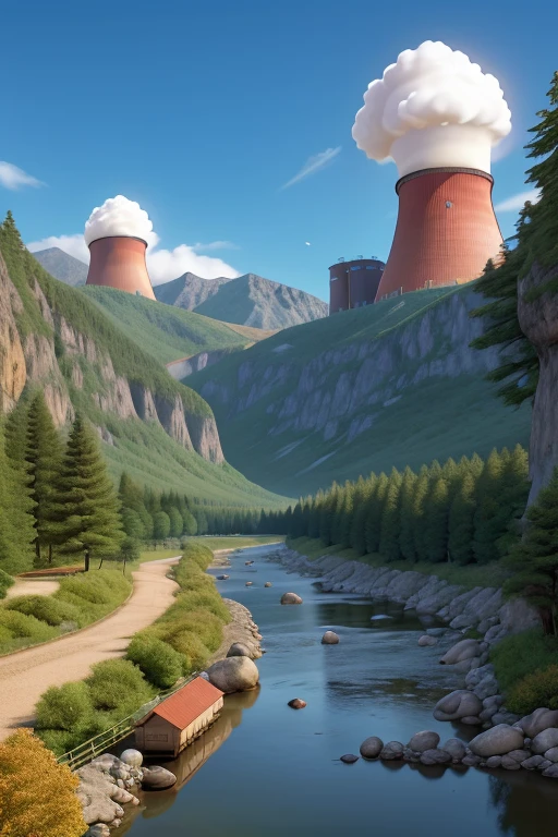 Nuclear power plant in the mountains with a river on the side with dead animals cartoon strip
