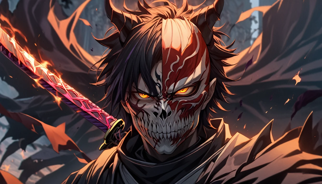 ninja mask, cape,close up, black heavy detailed clothes, katana, art, dark and malevolent, hand sword, armor, powerful and intimidating, (masterpiece, best quality, ultra-detailed, best shadow), (detailed background, dark fantasy) dramatic light, intricate details, dark and malevolent, powerful and intimidating, Dark and foreboding, malevolent force, sinister and chilling, armor, high detailed background, girl in demon slayer art, demon slayer art style, epic anime art, God death