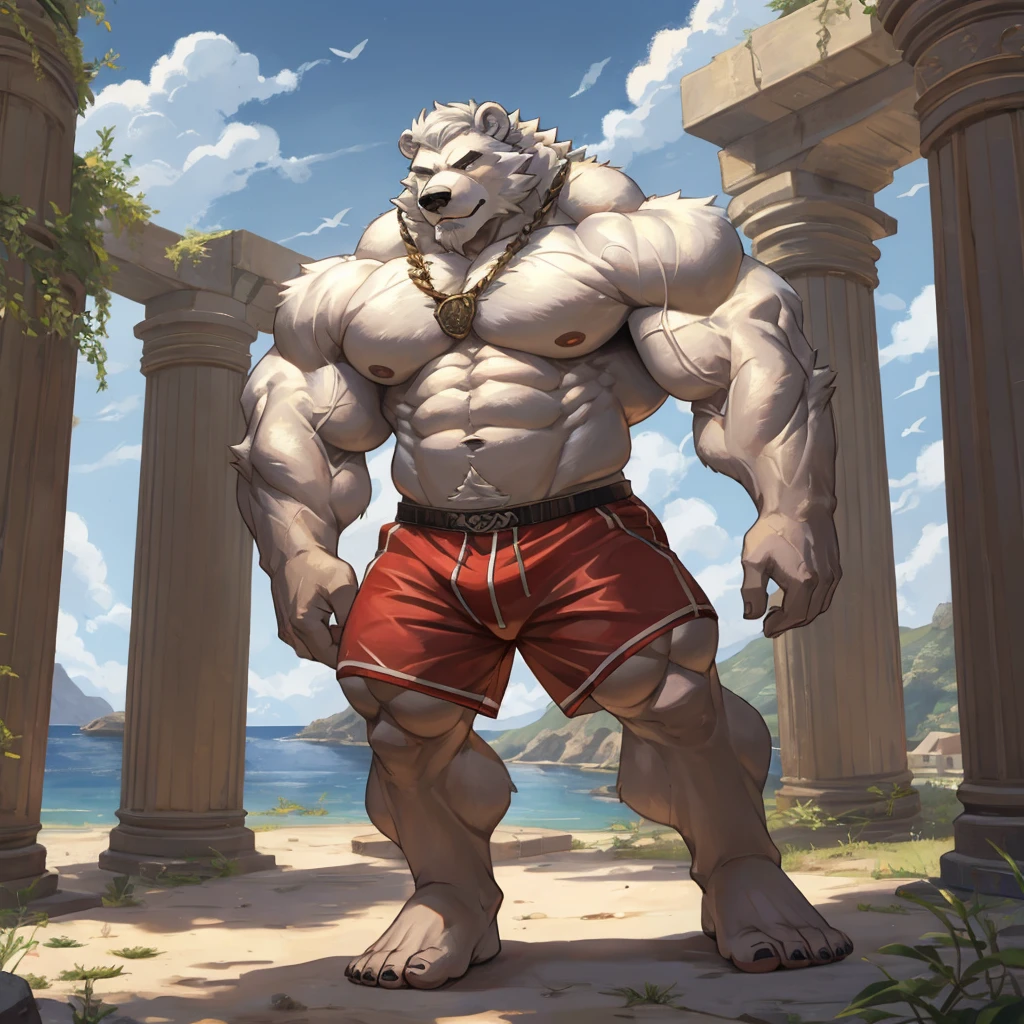 a huge muscular furry polar bear old man at the the Island of Crete, column ruins, huge shoulder muscle , shirtless, muscle, strong man, huge muscle, huge white fur, short hair, bearded, white hair and beard, huge white fur, wrinkles skinned, black short trunks, strong muscle, strong and intimidated, masterpiece, muscular, commission for high res, male, fantasy art, very very beautiful art, art painting , painting art