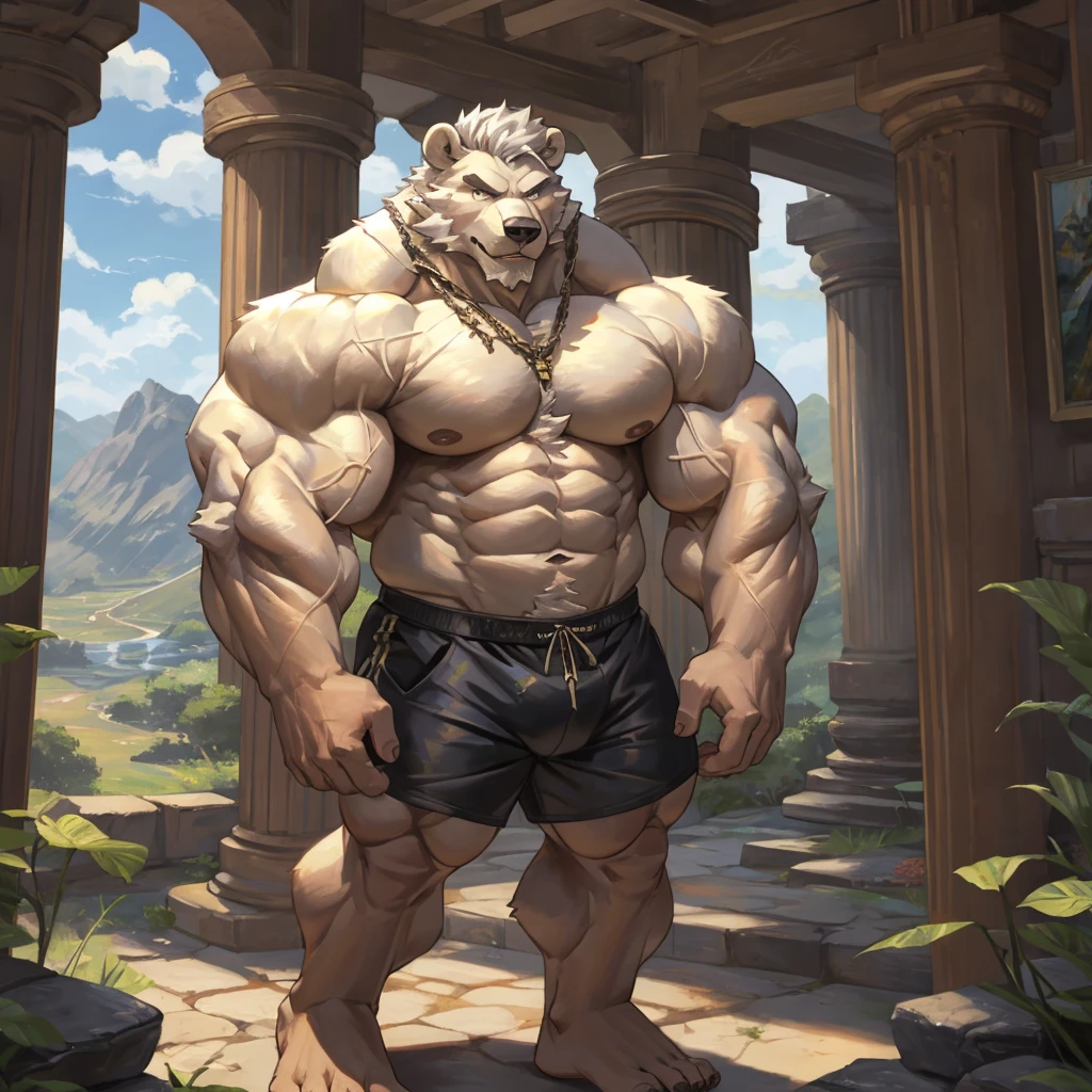 a huge muscular furry polar bear old man at the the Island of Crete, column ruins, huge shoulder muscle , shirtless, muscle, strong man, huge muscle, huge white fur, short hair, bearded, white hair and beard, huge white fur, wrinkles skinned, black short trunks, strong muscle, strong and intimidated, masterpiece, muscular, commission for high res, male, fantasy art, very very beautiful art, art painting , painting art