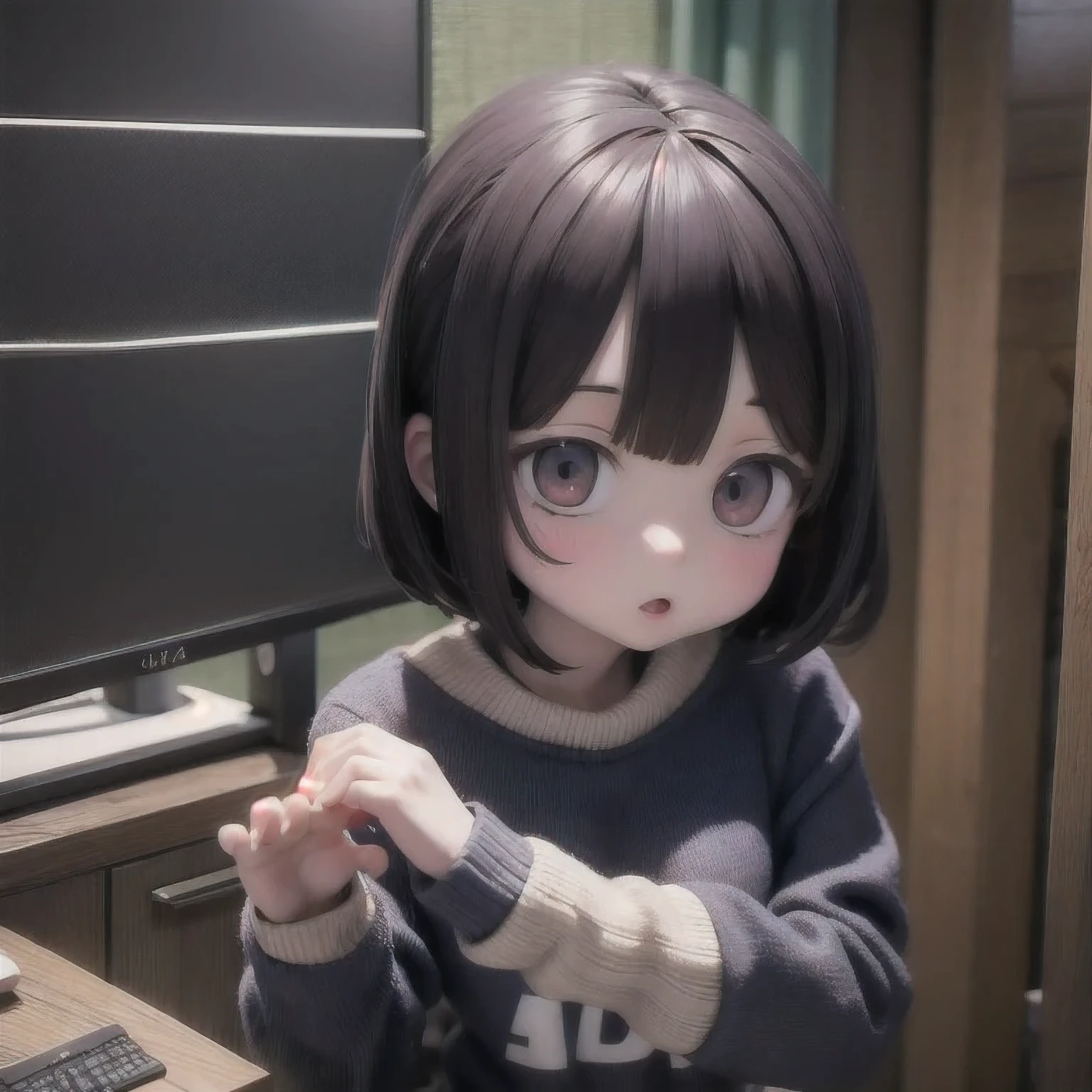 rafed  asian girl in a sweater looking at a computer screen, screenshot from a movie, the hime cut, still from a live action movie, lofi girl, highlight scene of the movie, still from a movie, still frame from a movie, lofi girl aesthetic, with short hair, still from the movie, lofi, scene from live action movie