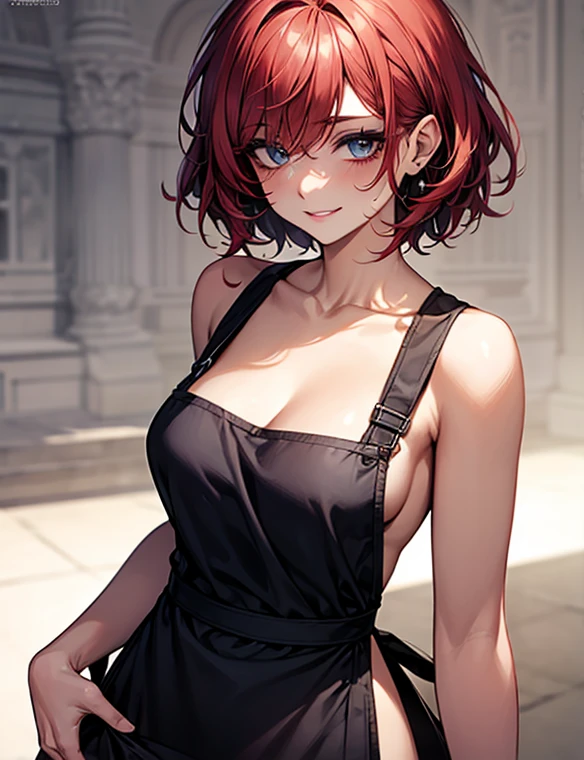Masterpiece,Highest quality,8K,Ultra-high resolution,appropriate margins,Fits on camera,BREAK,1 person,Very beautiful adult woman,Slim body,Very large breasts,BREAK,Red Hair,mascara,Red eyeliner,Light pink lip,Thick upper eyelashes,Thin eyebrows,BREAK,Blue eyes,BREAK,Embarrassed,Shy smile,BREAK,short hair,Wearing hair in one ear,Ragged hair,BREAK,Naked Apron,BREAK,Eyes meet
