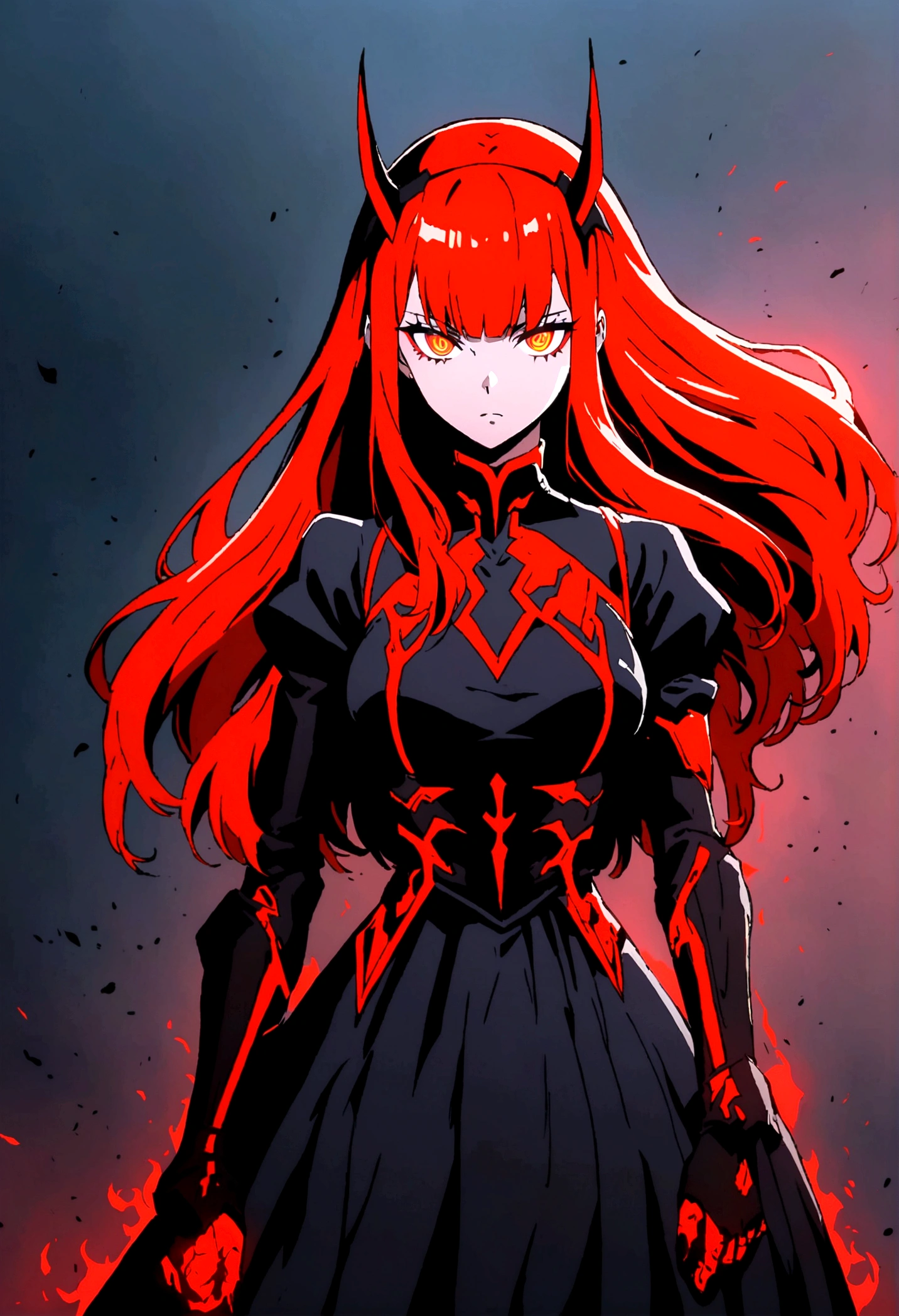 a woman with long red hair walking in the dark, cyberpunk art inspired by Jin Homura, trending on pixiv, gothic art, zero two, red glowing hair, anime girl with long hair, long fire hair, with long red hair, with red glowing eyes, glowing red, gothic maiden anime girl, beautiful anime artwork, demon anime girl, anime cyberpunk art