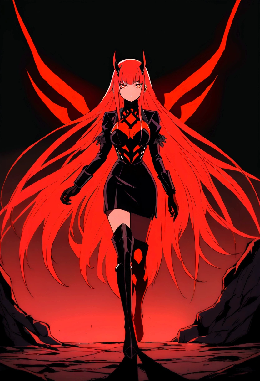 a woman with long red hair walking in the dark, cyberpunk art inspired by Jin Homura, trending on pixiv, gothic art, zero two, red glowing hair, anime girl with long hair, long fire hair, with long red hair, with red glowing eyes, glowing red, gothic maiden anime girl, beautiful anime artwork, demon anime girl, anime cyberpunk art