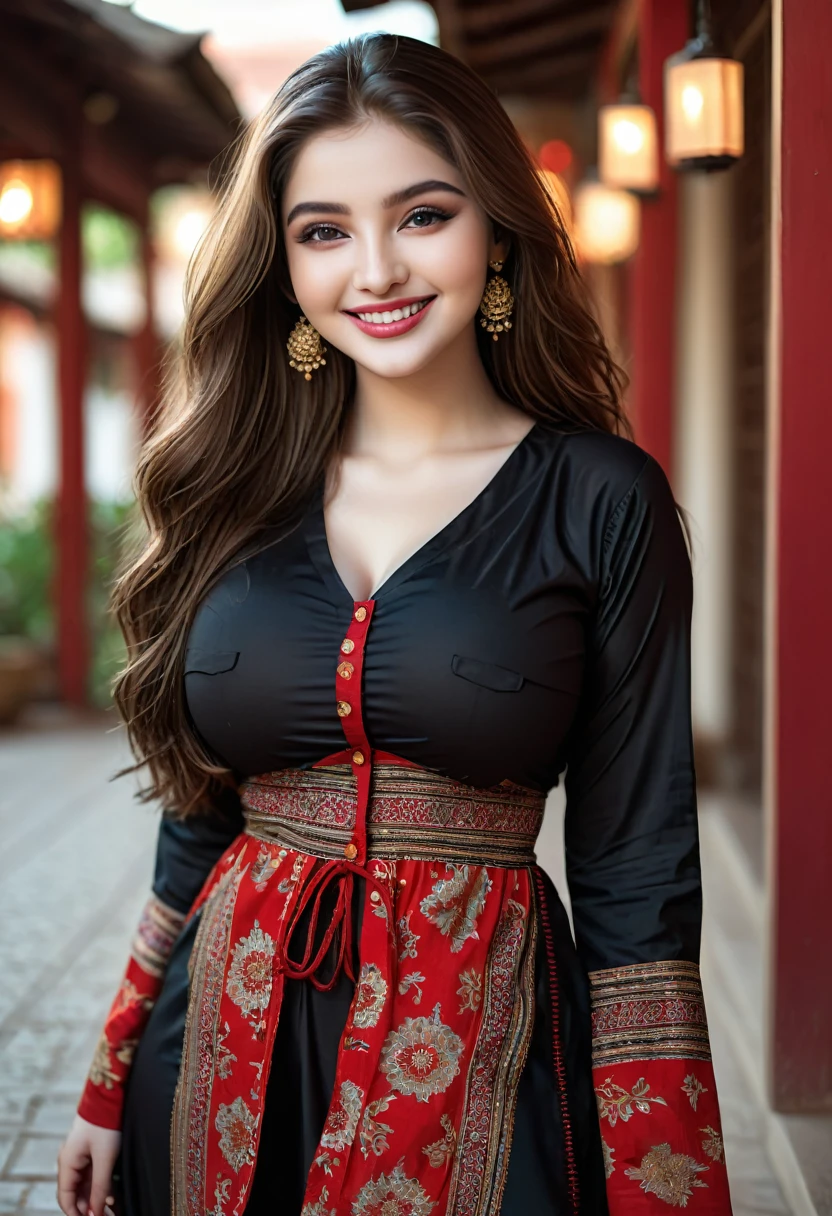 a hyperrealistic woman,  flirtatious smile,  Long messy light brown hair,  brown eyes,  pale skin,  photorealistic. instagram influencer,  20-year-old woman,  model,  black hair,  happy look,  curvy figure, big breast, slim waist full body, in Sanaani traditional attire with red and black pattersn, in Sanaani Abaya , putting on modern Hijab, no make up