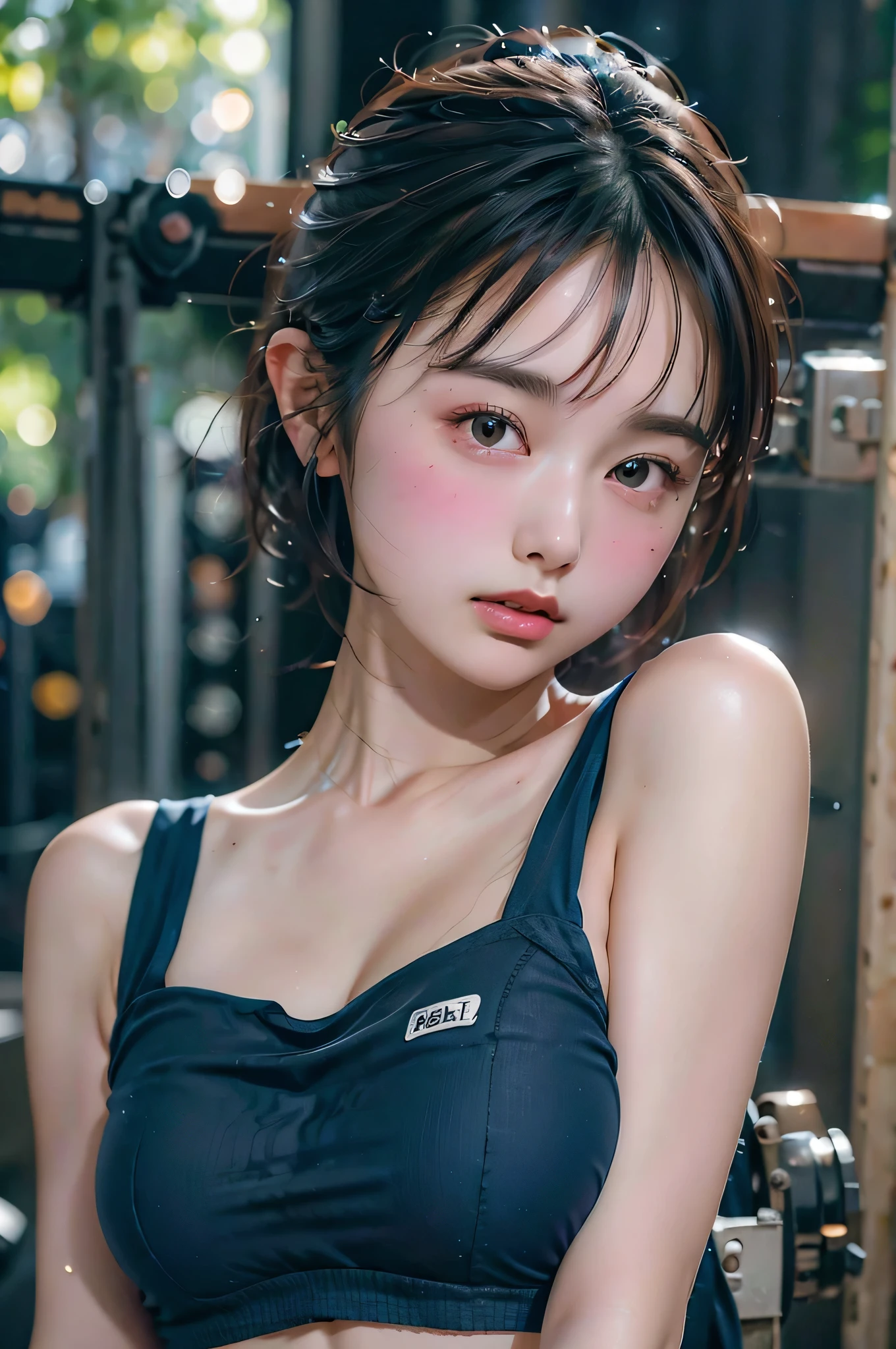 Very detailed CG Unity 8k wallpaper, Highest quality, Very detailed, masterpiece, Realistic, photo Realistic, Very knowledgeable cute girl, age 11, logic, 腹logic, Round eyes, audience, blush, Lips parted, Ultra-thin sportswear , Gym, Underarm, short hair,Underarm,