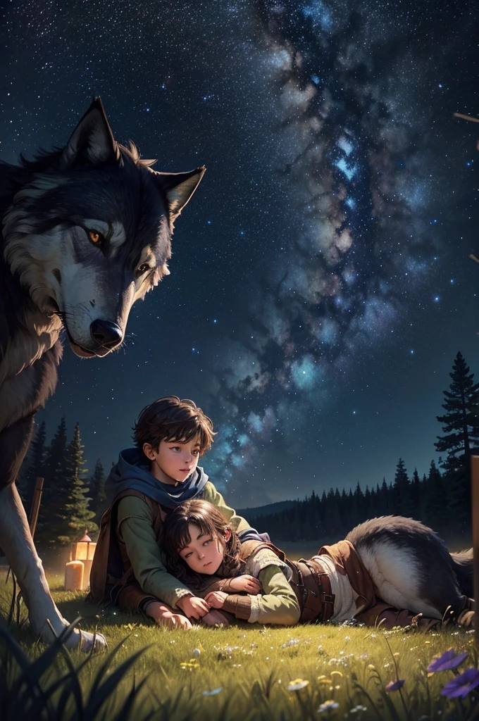 Starry sky over a beautiful meadow and a young adventurer lying next to his giant wolf while watching the stars
