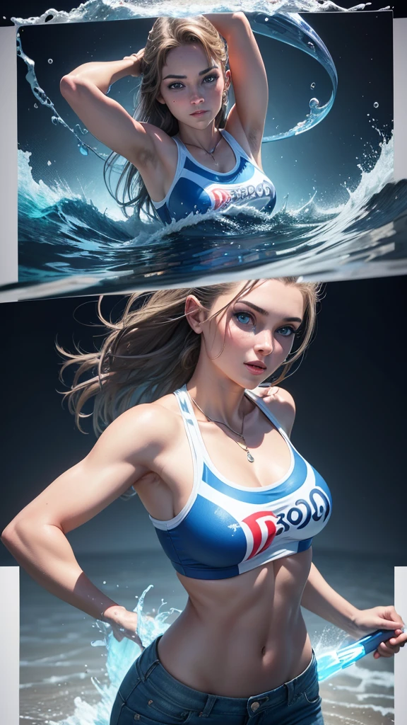 Create a hyper-realistic 3D image of a beautiful blue-eyed woman, sonrriendo ,cool dynamic poses,with a trout with the colors of the French flag, with the torch lit and the Olympic rings in the background, the image must be perfectly detailed apply HDMI technologies, 300PPP , full definition ,