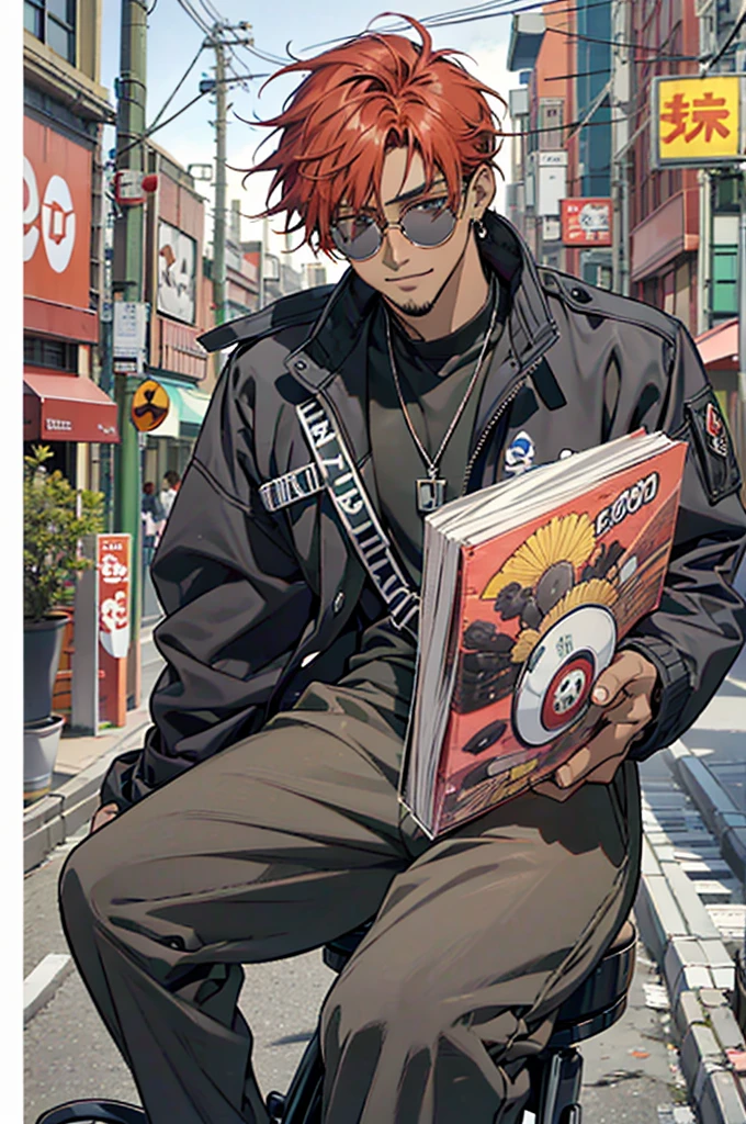 ((Work of art)), ((2000s anime style)), ((Very detailed)), ((4K)), 1 man, dark skin, American style hair, red hair color, has a goatee, wears earrings , wears round sunglasses, wearing a black car pilot's jacket, baggy black pants, baggy pants, sitting on a motorbike, smiling in the corner, night time, Tokyo city.