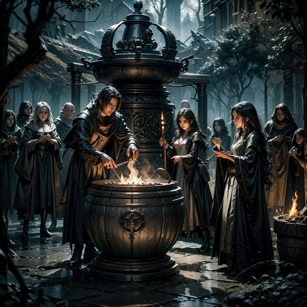 A sorcerer while he casts a spell in front of a steaming cauldron, some spurious ethereal females with illuminated white eyes rise from the cauldron