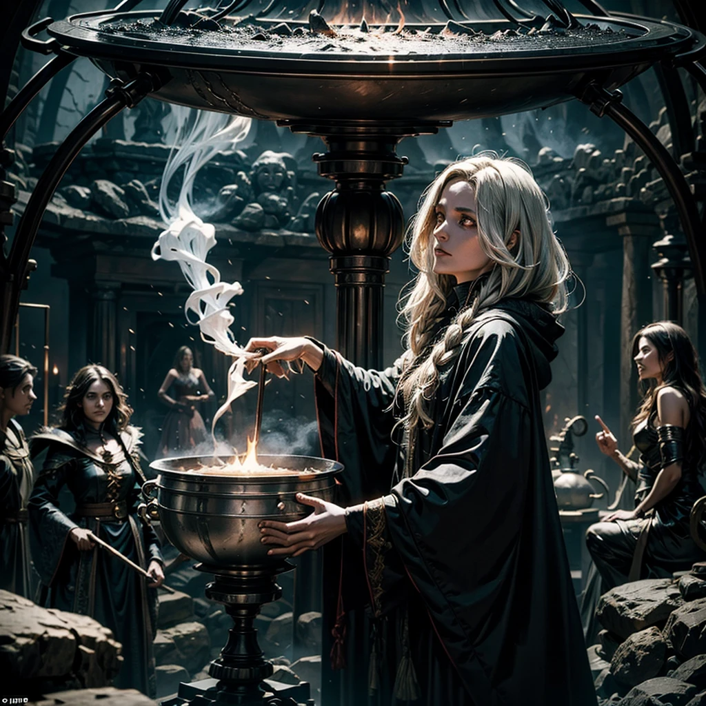 A sorcerer while he casts a spell in front of a steaming cauldron, some spurious ethereal females with illuminated white eyes rise from the cauldron