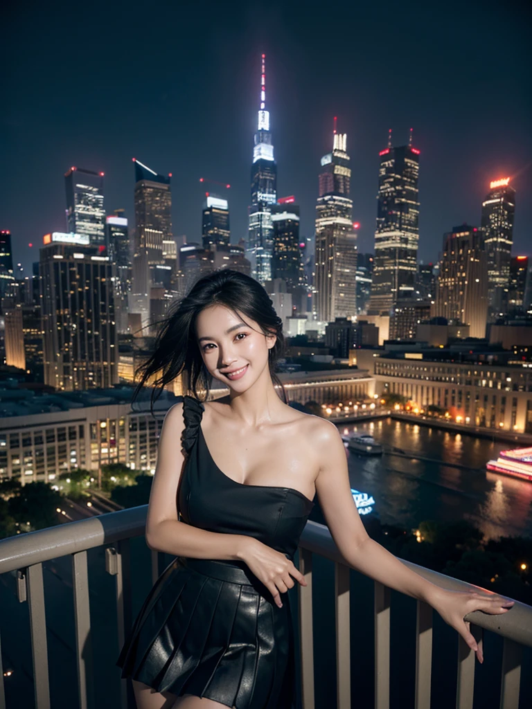 (RAW Photos, 最high quality), (Realistic, photoRealistic: 1.2), (Round face: 1), 1 very beautiful woman, Outdoor selfie, (Skin with attention to detail: 1.2), (Puffy eyes), (Lying Silkworm), smile, clavicle, water, Straight brown black hair, Pure black pleated skirt, Soft lighting, high quality, Cityscape, Skyline, night, rain, Wet, Professional Lighting, Photon Mapping, Radio City, Physically Based Rendering,