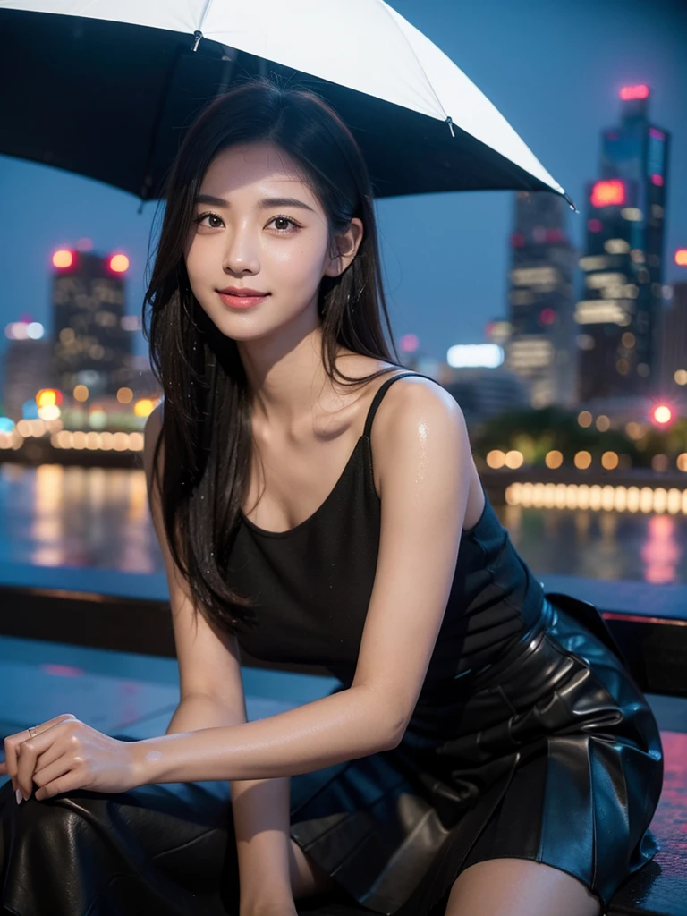 (RAW Photos, 最high quality), (Realistic, photoRealistic: 1.2), (Round face: 1), 1 very beautiful woman, Outdoor selfie, (Skin with attention to detail: 1.2), (Puffy eyes), (Lying Silkworm), smile, clavicle, water, Straight brown black hair, Pure black pleated skirt, Soft lighting, high quality, Cityscape, Skyline, night, rain, Wet, Professional Lighting, Photon Mapping, Radio City, Physically Based Rendering,