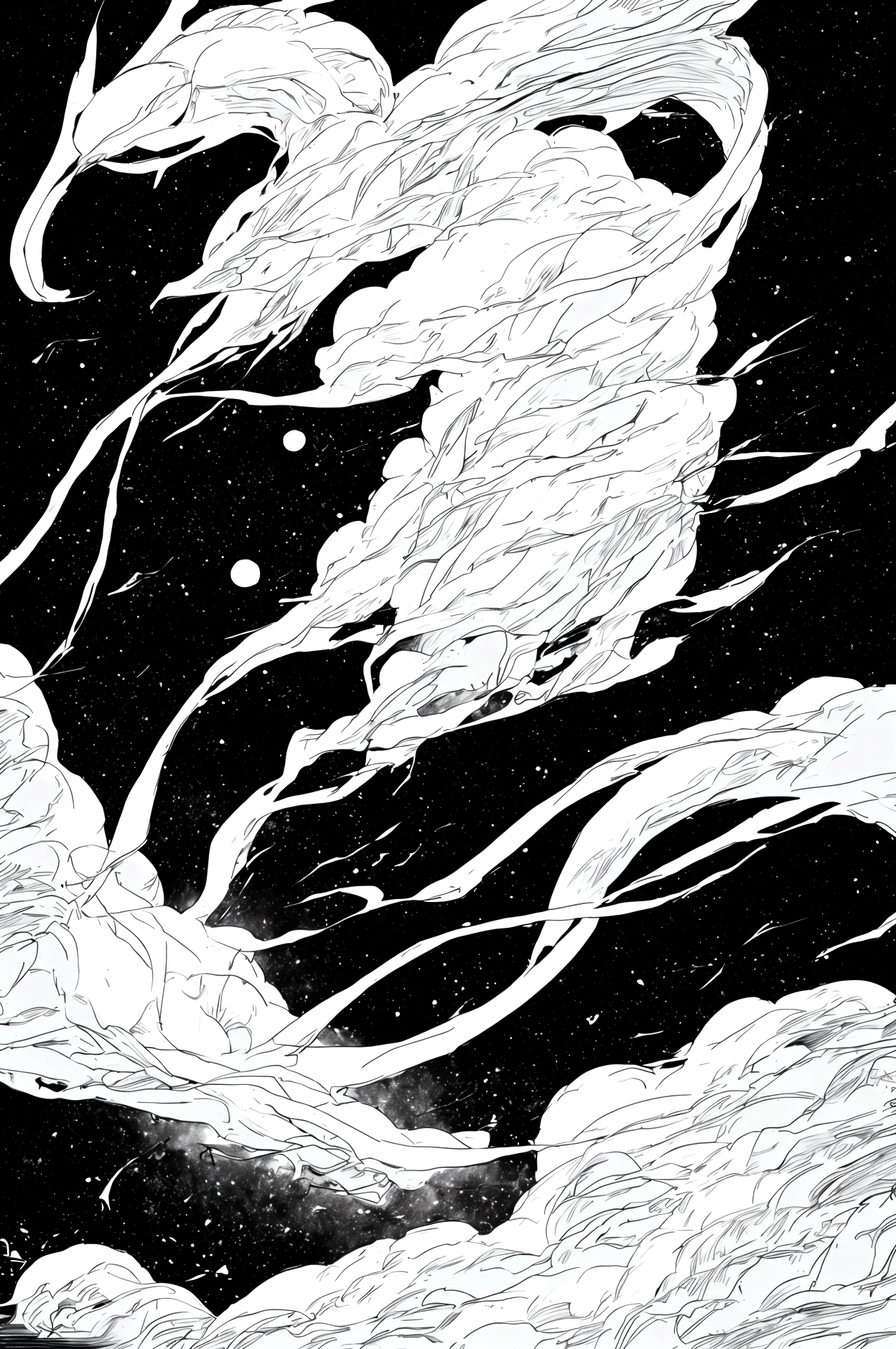 White Epiphany, Cloud band entanglement,Black sky,White and black (high quality)Excellent copperplate engraving art,Award-winning works,No man's environment