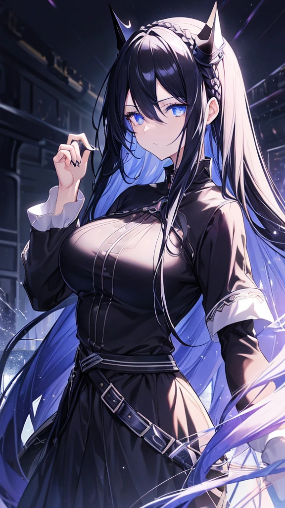 best quality, extremely detailed, anime style girl, long hair down to the waist, straight hair, dark black hair with bluish,crown braid,beautiful detailed eyes, pinched eyes, dark blue eyes, huge breasts,((((black atmosphere)))),Luxurious room,((((cool)))),face focus,from side,sparkling eyes