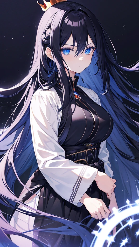 best quality, extremely detailed, anime style girl, long hair down to the waist, straight hair, dark black hair with bluish,crown braid,beautiful detailed eyes, pinched eyes, dark blue eyes, huge breasts,((((black atmosphere)))),Luxurious room,((((cool)))),face focus,from side,sparkling eyes