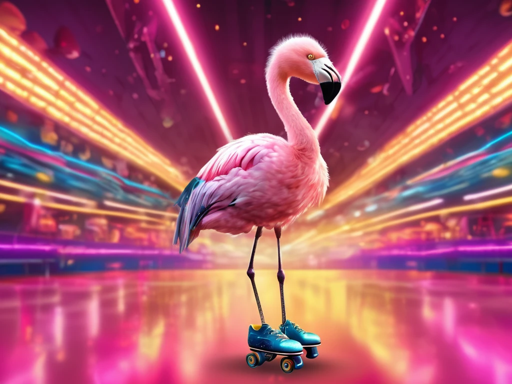 a flamingo wearing roller skates, in a discoteque, wings open, jumping in an ballet pose, the flamingo is wearing a metalic golden attire and sunglases, digital illustration, best quality, 8k, highres, masterpiece, ultra-detailed, realistic, photorealistic, photo-realistic, HDR, vivid colors, studio lighting, professional, concept art, colorful, neon, glowing, dynamic, energetic, whimsical, surreal, magical, dreamlike