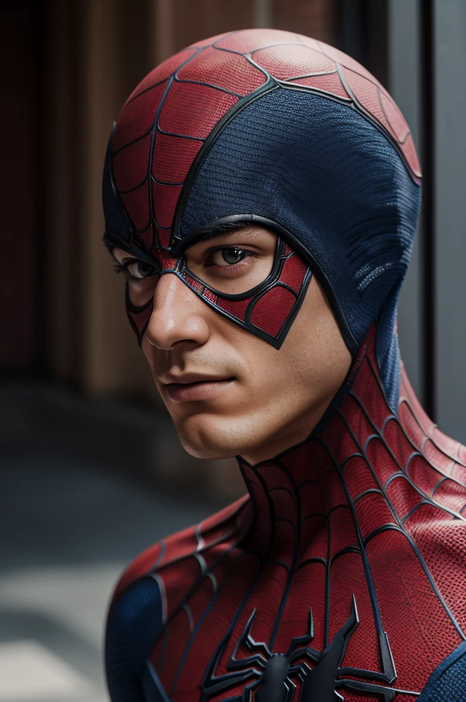 A photograph of spider man, no mask, 20 yo, handsome, detailed face, looking at camera, portrait, 8k uhd, high quality