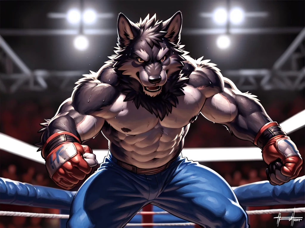 (ultra quality):1.4, color, smooth comics style, (by takemoto arashi, by meesh, by taran fiddler), solo, Wolf, wrestling scene, very muscular, athletic build, correct anatomy, wrestling, sweat:1.5, sweat dripping, strong, masculine, wrestling ring, black fur, (very blurry background, out-of-focus background:1.4), fighting scene, angry, detailed face, detailed eyes, fighting gloves