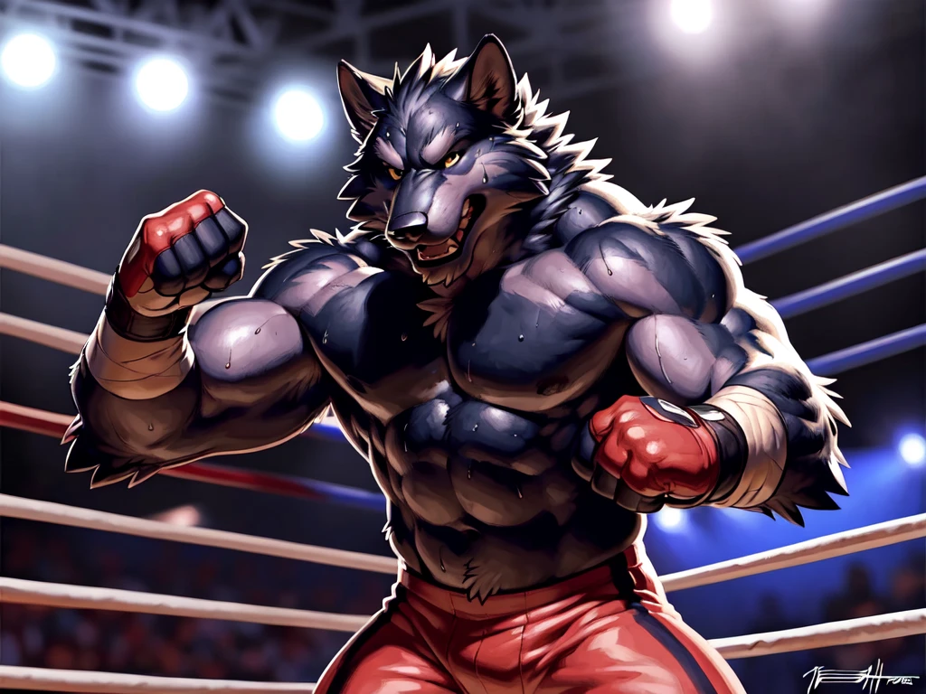 (ultra quality):1.4, color, smooth comics style, (by takemoto arashi, by meesh, by taran fiddler), solo, Wolf, wrestling scene, very muscular, athletic build, correct anatomy, wrestling, sweat:1.5, sweat dripping, strong, masculine, wrestling ring, black fur, (very blurry background, out-of-focus background:1.4), fighting scene, angry, detailed face, detailed eyes, fighting gloves