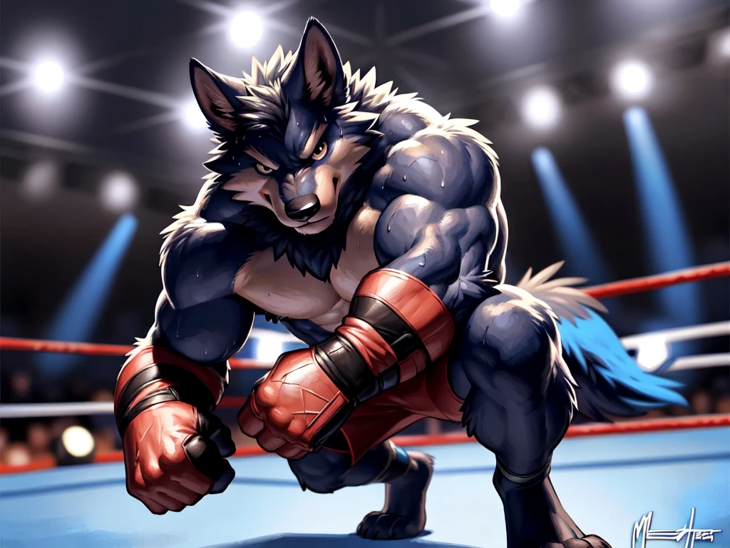 (ultra quality):1.4, color, smooth comics style, (by takemoto arashi, by meesh, by taran fiddler), solo, Wolf, wrestling scene, very muscular, athletic build, correct anatomy, wrestling, sweat:1.5, sweat dripping, strong, masculine, wrestling ring, black fur, (very blurry background, out-of-focus background:1.4), fighting scene, angry, detailed face, detailed eyes, fighting gloves