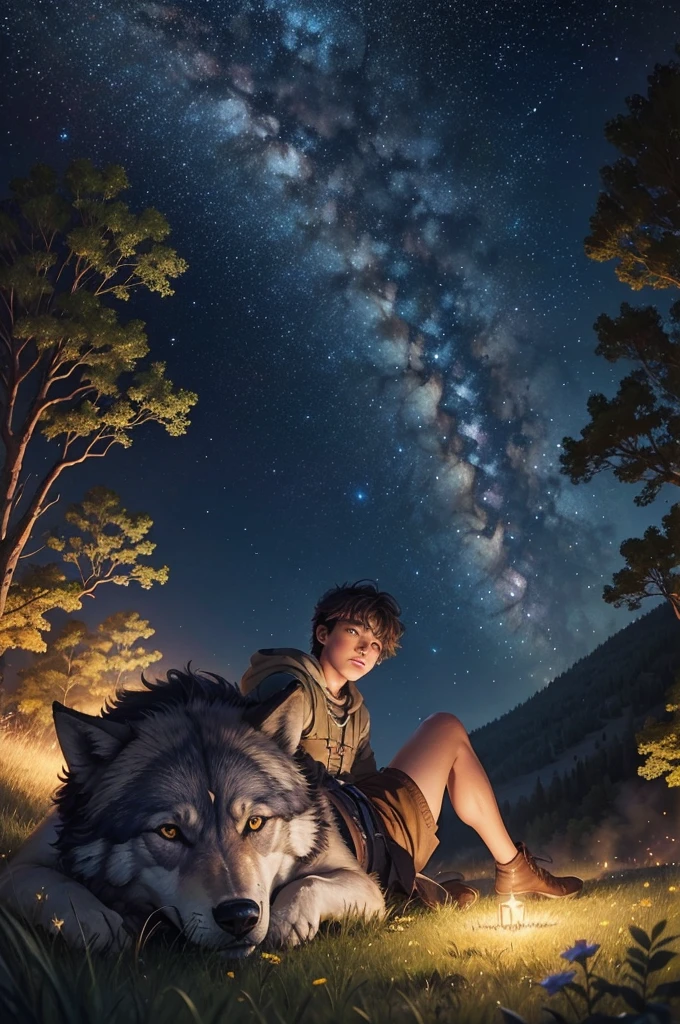 Starry sky over a beautiful meadow and a young adventurer lying next to his giant wolf while watching the stars