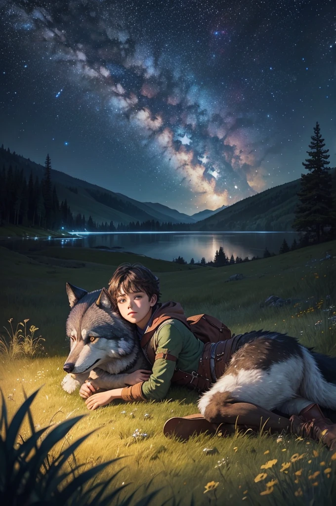 Starry sky over a beautiful meadow and a young adventurer lying next to his giant wolf while watching the stars