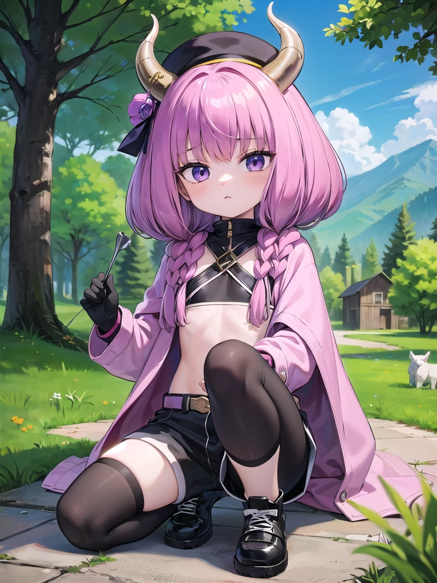 aura the guillotine, long hair, (purple eyes:1.1), purple hair, braid, horns, twin braids,(flat chest,_child_hook,chibi,hat, long hair,blonde hair,twintails,yellow eyes,fur trim,coat,jacket,black gloves,long sleeves,black shorts,knee pads, black footwear,,kawaii,skinny,anime style),forest house,down town