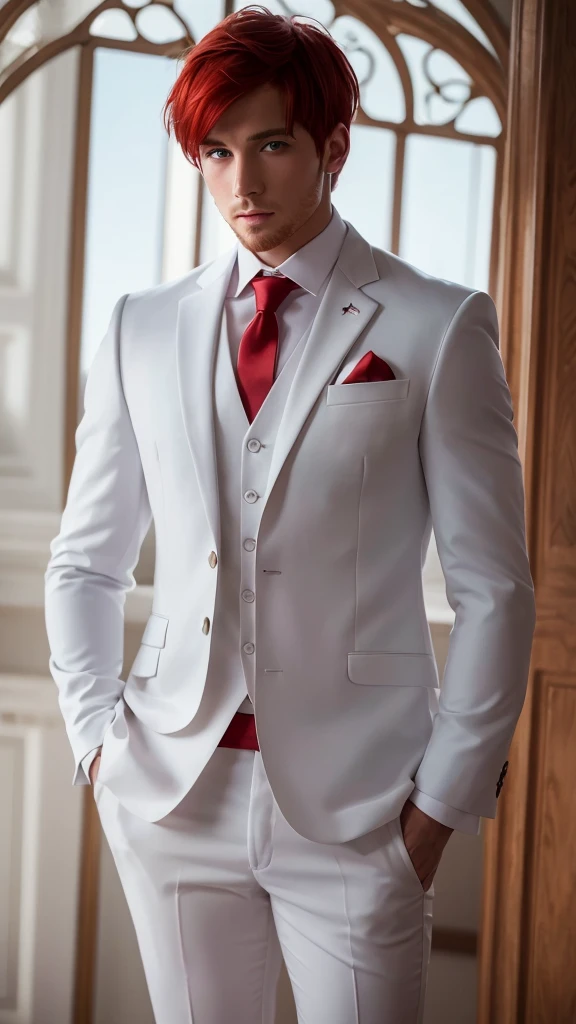 a man with red hair, blue eyes and white skin wearing a white groom's suit