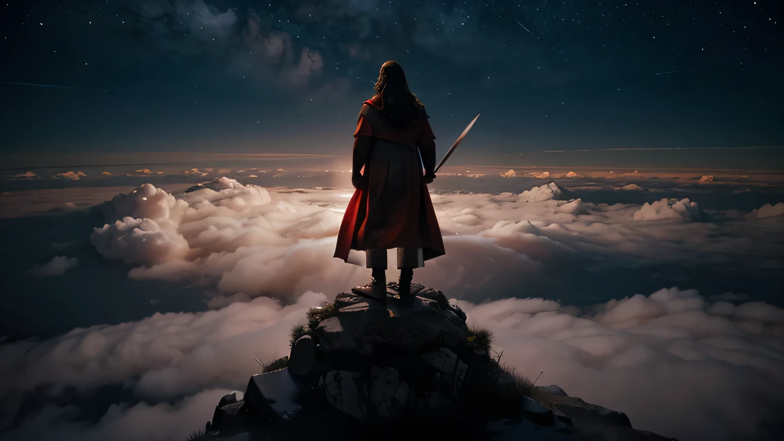 Jesus as king on top of a mountain surrounded by clouds, night sky seen from behind with red cape, and sword in hand