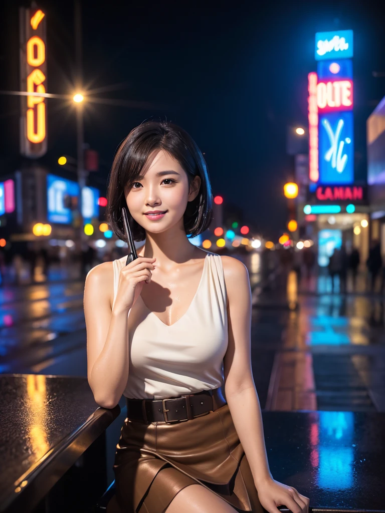 ((Realistic lighting, Best quality, 8K, Masterpiece: 1.3)), Focus: 1.2, 1girl, Perfect Body Beauty: 1.4, Slim Abs: 1.1, ((Dark Brown Hair)), (Aqua Dress: 1.4), (Outdoor, Night: 1.1), City Street, Super Fine Face, Fine Eyes, Double Eyelids,