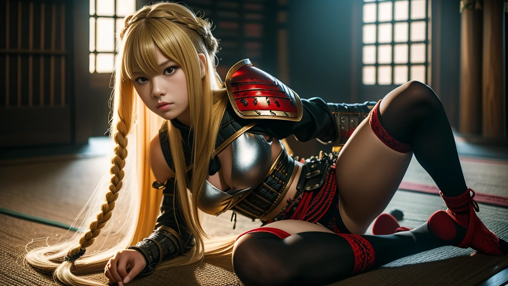 Ultra realistic 14 year old girl, cos , long blonde hair with braided bangs , medieval samurai armor , katanas, flat breasts , garterbelt long socks , menacing face , sensuous , Dungeonpunk .SEXY CORPO