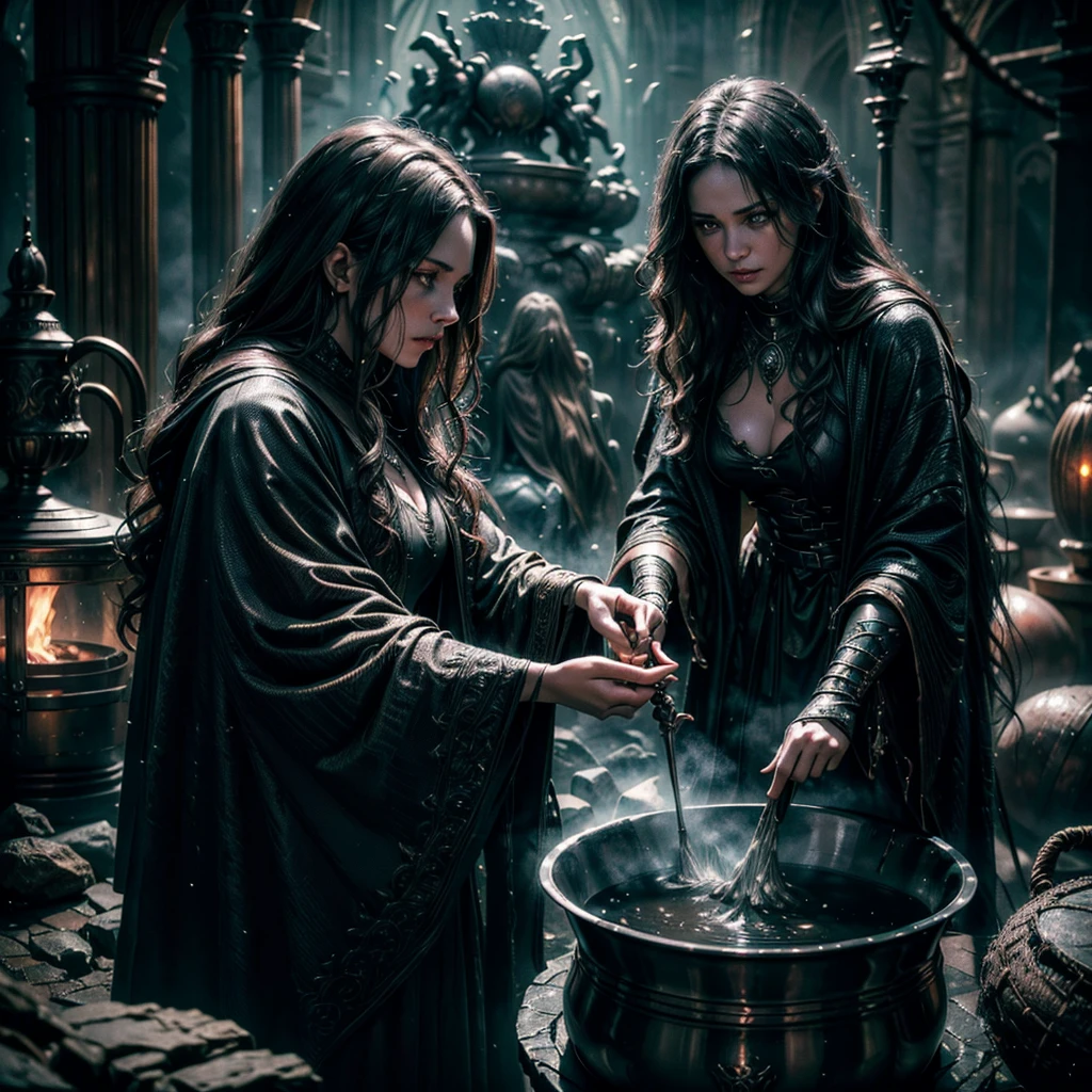 a sorcerer casting spell in front of steaming cauldron, ethereal females with illuminated white eyes rising from cauldron, detailed fantasy scene, (best quality,4k,8k,highres,masterpiece:1.2),ultra-detailed,(realistic,photorealistic,photo-realistic:1.37),dark fantasy, dramatic lighting, moody atmosphere, intricate details, rich colors, cinematic composition