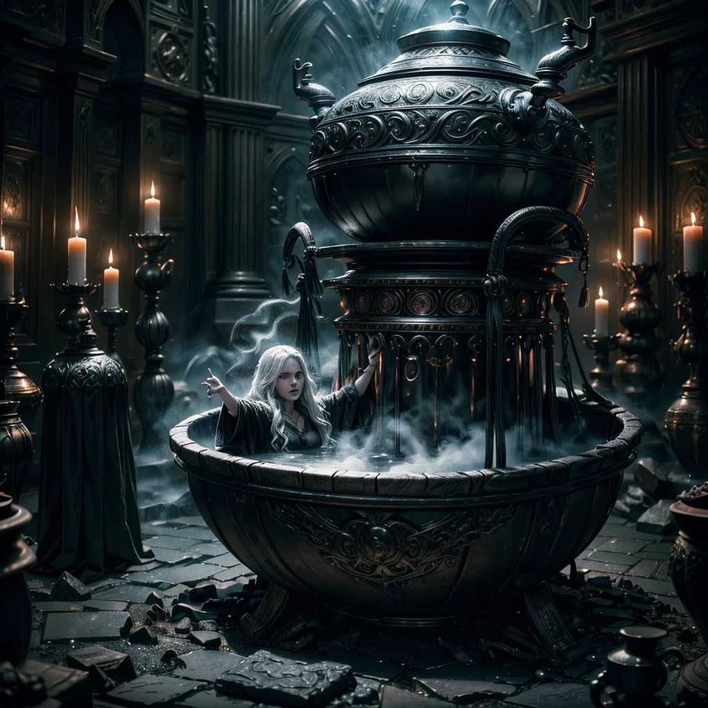 a sorcerer casting spell in front of steaming cauldron, ethereal females with illuminated white eyes rising from cauldron, detailed fantasy scene, (best quality,4k,8k,highres,masterpiece:1.2),ultra-detailed,(realistic,photorealistic,photo-realistic:1.37),dark fantasy, dramatic lighting, moody atmosphere, intricate details, rich colors, cinematic composition