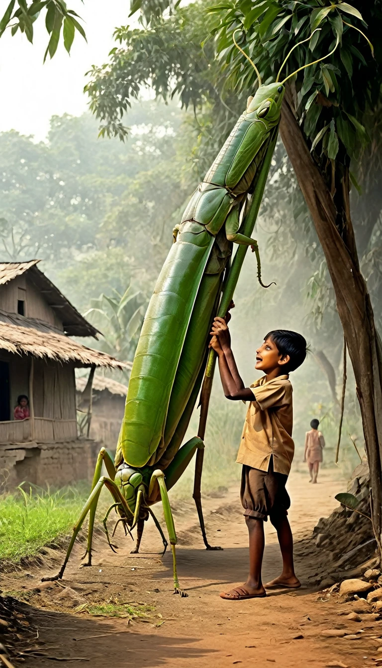 100 years back,  Indian village, A young boy, playing with giant, very huge, grasshopper.