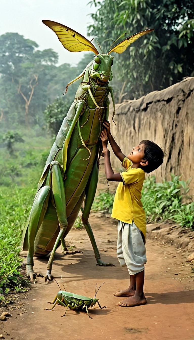 100 years back, Indian village, A young boy, playing with giant, very huge, grasshopper.