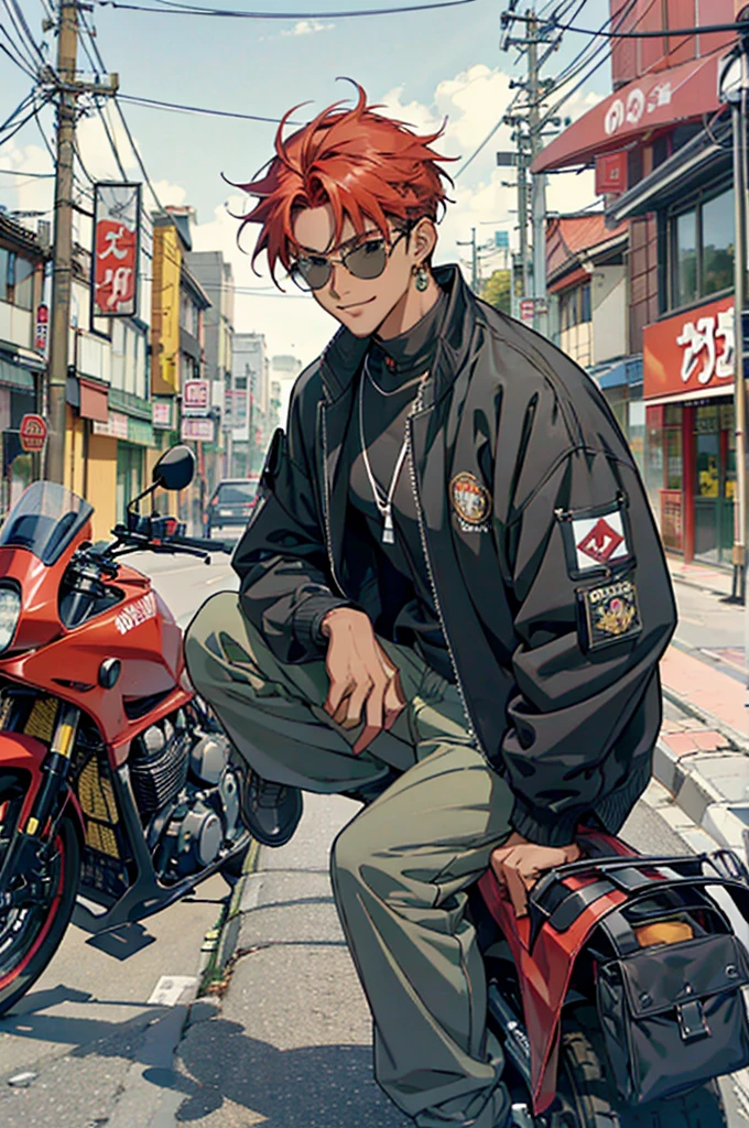 ((Work of art)), ((2000s anime style)), ((Very detailed)), ((4K)), 1 man, dark skin, American style hair, red hair color, has a goatee, wears earrings , wears round sunglasses, wearing a black car pilot's jacket, baggy black pants, baggy pants, sitting on a Motorcycle, smiling in the corner, night time, Tokyo city.