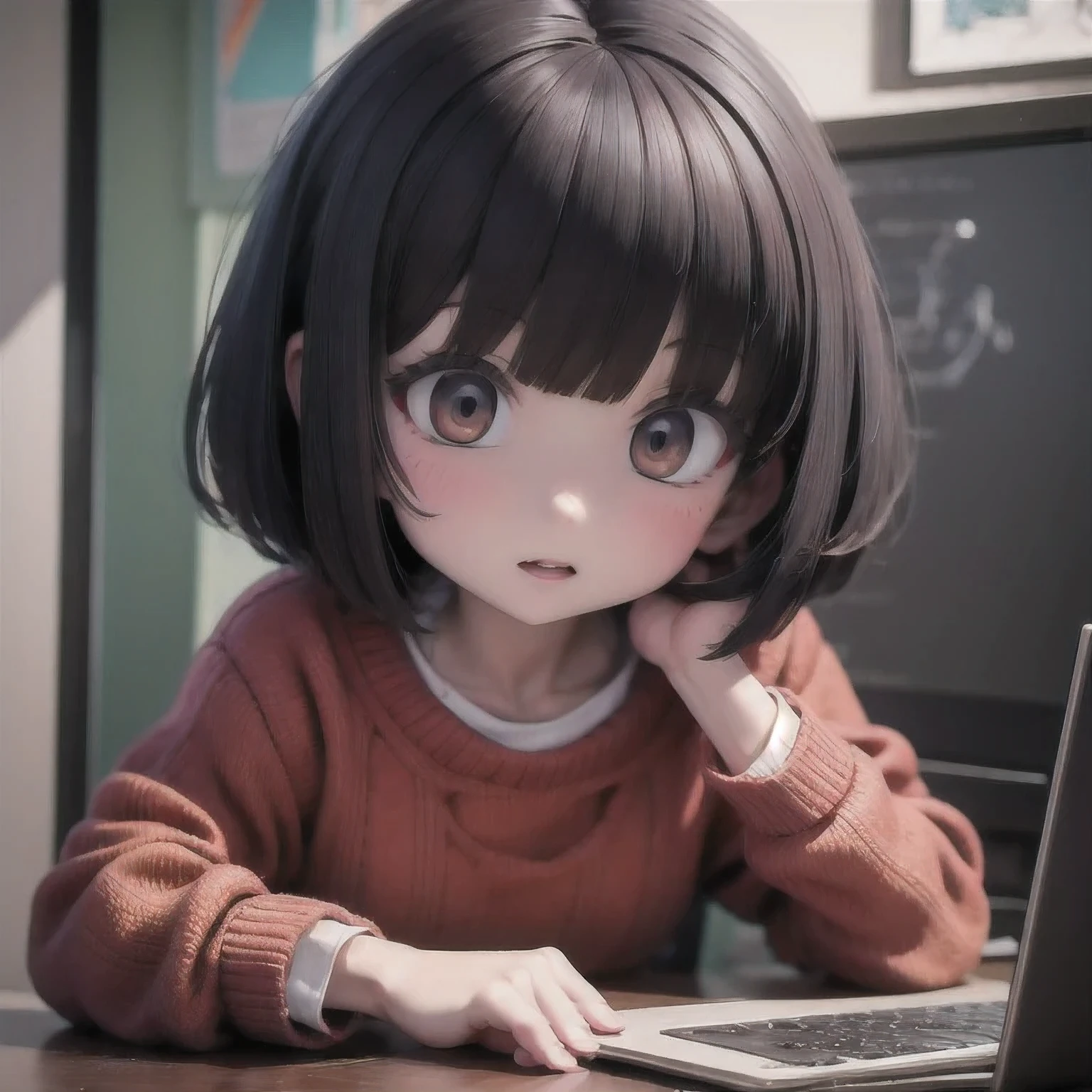 rafed  asian girl in a sweater looking at a computer screen, screenshot from a movie, the hime cut, still from a live action movie, lofi girl, highlight scene of the movie, still from a movie, still frame from a movie, lofi girl aesthetic, with short hair, still from the movie, lofi, scene from live action movie