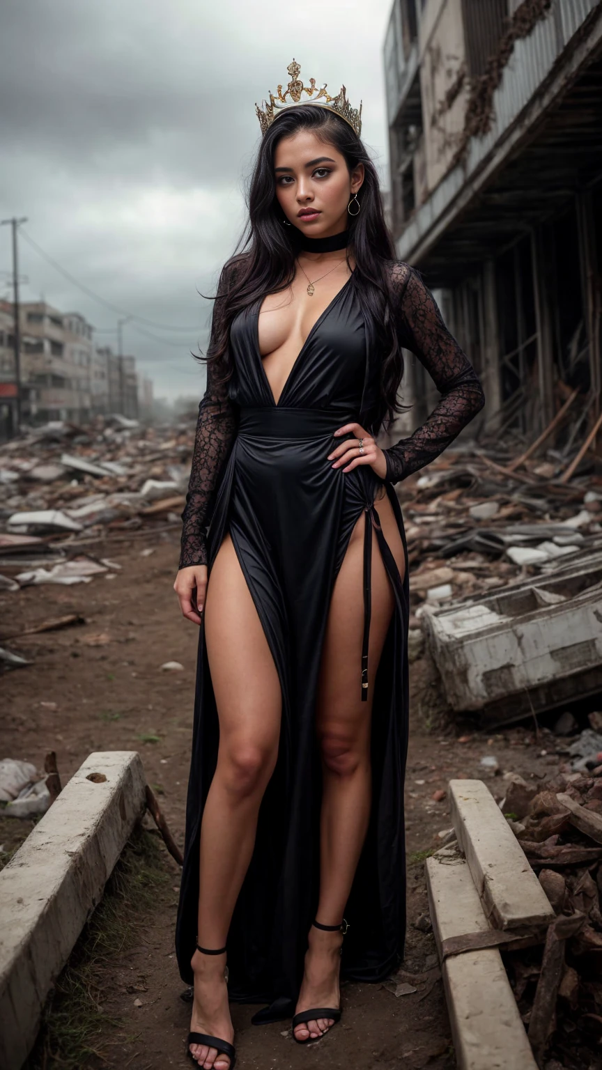 A beautiful European women, queen, full body, hands on hips, wearing torn dress, long dress, bone crown, grey sky, Post-Apocalyptic city, lianas, thickets. She is 24 years old, has black hair, long hair, curly hair and black eyes. Her cloth is stylish and her overall appearance is stunning. The girl's face is extremely detailed with beautifully detailed lips. Her skin is anatomically correct with realistic textures. The image should have super high details and be of the best quality, with a resolution of 8K. The final result should be a masterpiece, showcasing the girl's beauty and the vibrant atmosphere of The destroyed Post-Apocalyptic city