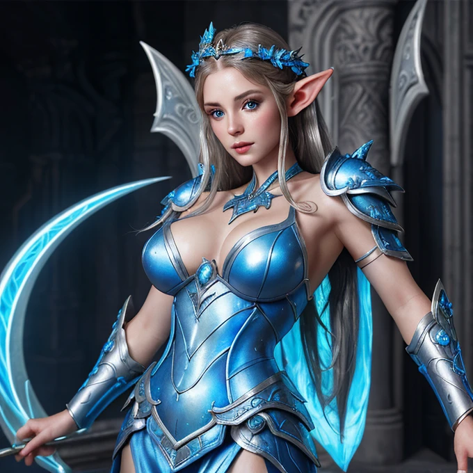 Masterpiece a studio photograph, a closeup of a seductive elf girl in a silver and blue dress, detailed fantasy art, awesome character art, fanart best art station, Exquisite and epic character art., beautiful armor, Extremely detailed artistic germ, detailed digital photography, Artgerm and ArtStation Pixiv, armor elf