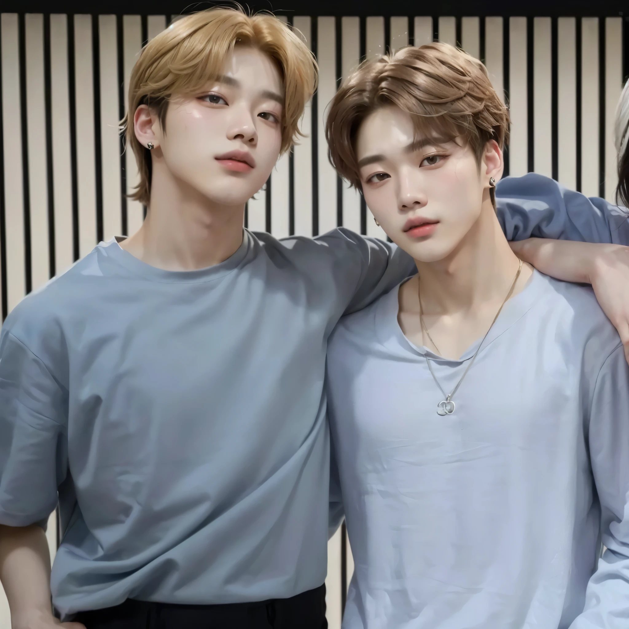 Two young men standing next to each other in front of a wall, Jimin, Jimin\the full lips, Jimin\the Greek nose, Jimin\the right eyelid is swollen, park Jimin, all from the group nct, jung jaehyun, Tae June Kim, accurate Jimin face, Gunwoo Kim e J.Dickenson, They are close to each other