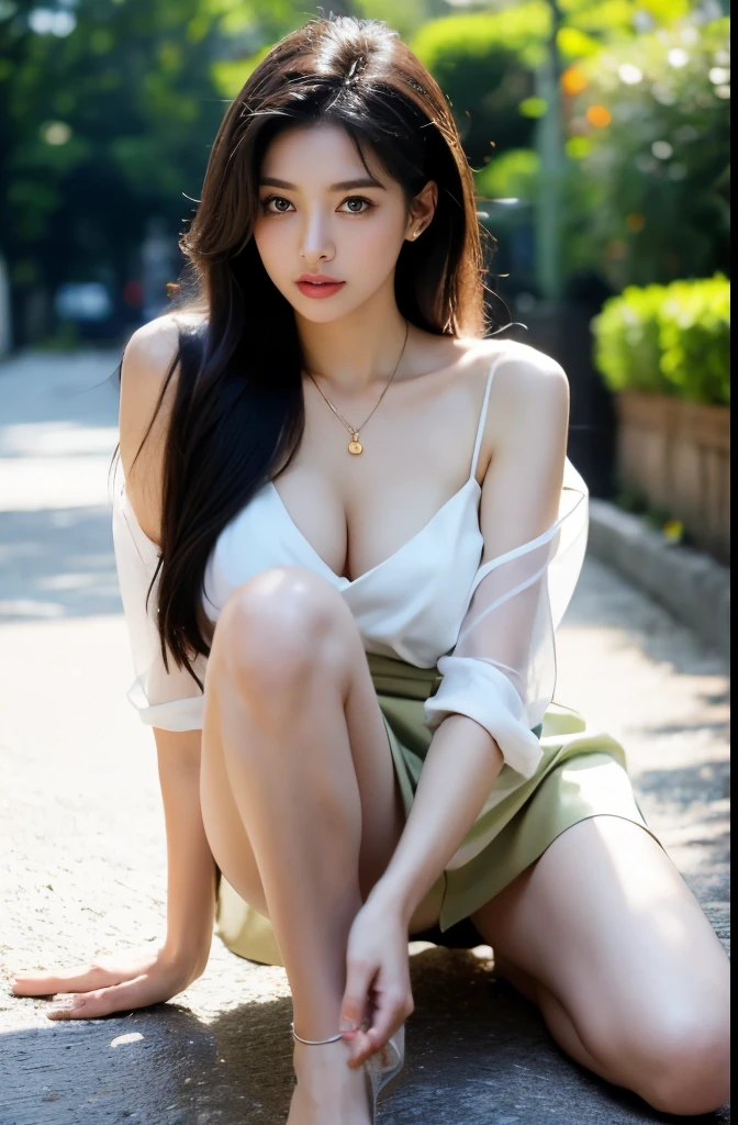(masterpiece:1.3), (8 thousand, realistic, RAW photos, best quality: 1.4), (1 woman),(sheer silk blouse), (short skirt), (양쪽 다리에 짙은색 realistic 팬티 스타킹), (Stockings on both legs), (Wearing high heels on both feet), (full body shot), (outdoors in sunny weather), (walking like a model), (Beautiful makeover), (very beautiful body) , (Realistic and very beautiful face), (long eyelashes), (double eyelid), (Very beautiful eyes, realistic and delicate), (big bust) , (Strong body through exercise), (beautiful abs), (Beautiful heaps), (tall), (realistic face), (black hair. parted, long hair:1.3), (아름다운 parted스타일), (realistic and beautiful skin), (absurd), (attractive), (ultra high resolution), (extremely realistic), (very detailed), (golden ratio), (Two long, realistic and beautiful legs), (realistic 팔), (necklace), (earring),(beautiful nails manicure), (So beautiful and sexy), (perfect secretary look)