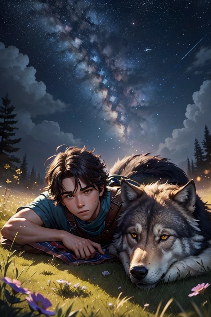 Starry sky over a beautiful meadow and a young adventurer lying next to his giant wolf while watching the stars