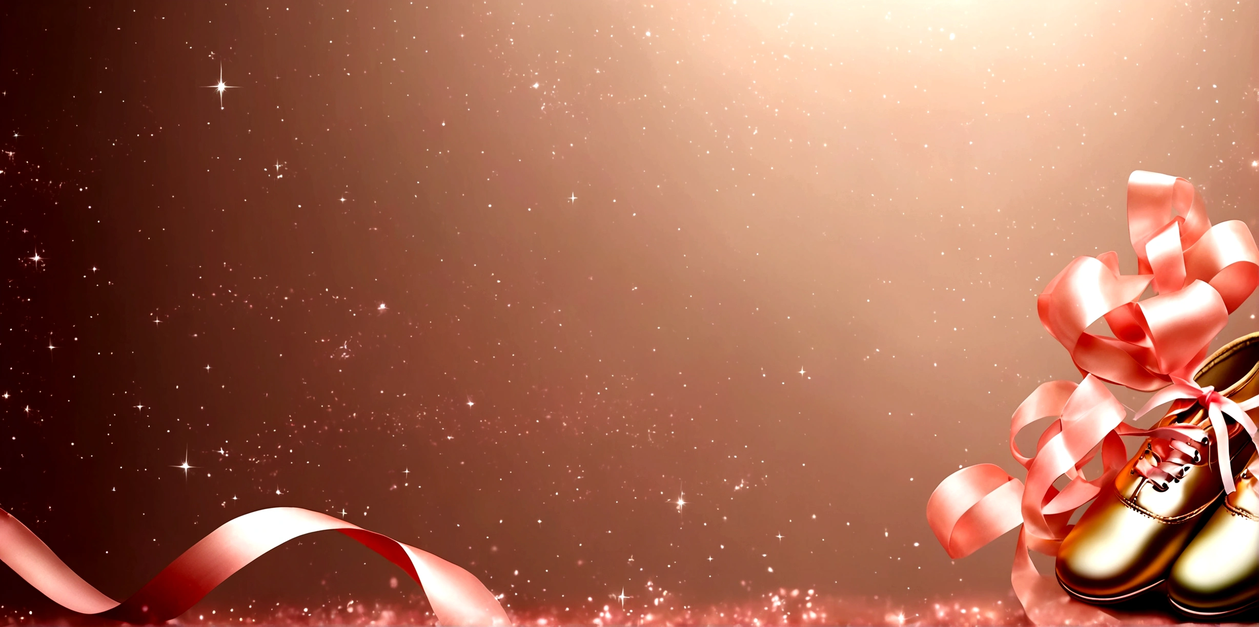 Banner graph;poster;There is a pair of small ballet shoes in the corner of the picture,Wrapped in a pink ribbon;Ribbons fill the screen;dream,mystery;Big scene;Golden pink hue。Low saturation;Background pure,Simplicity。Large blank space in the center。