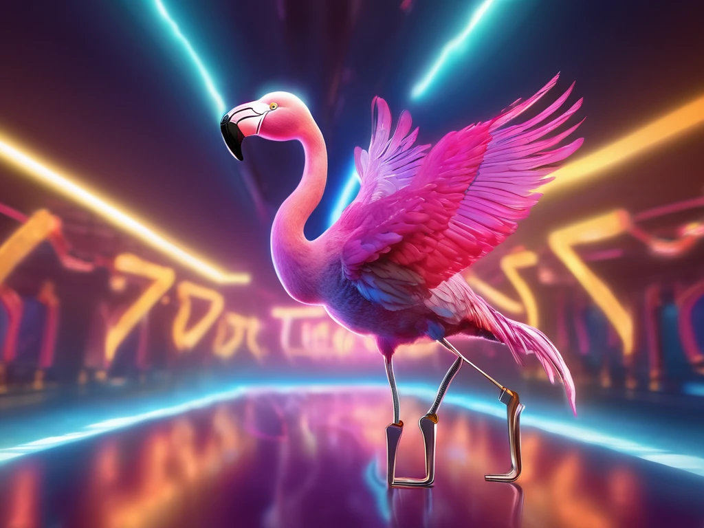 a flamingo character wearing roller skates, in a discoteque, wings open, jumping in an ballet pose, the flamingo is wearing a metalic golden attire and sunglases, digital illustration, best quality, 8k, highres, masterpiece, ultra-detailed, realistic, photorealistic, photo-realistic, HDR, vivid colors, studio lighting, professional, concept art, colorful, neon, glowing, dynamic, energetic, whimsical, surreal, magical, dreamlike