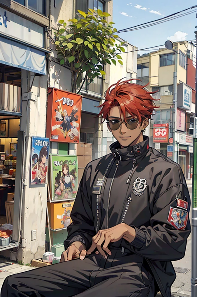 ((Work of art)), ((2000s anime style)), ((Very detailed)), ((4K)), 1 man, dark skin, American style hair, red hair color, has a goatee, wears earrings , wears round sunglasses, wearing a black car pilot's jacket, loose black trousers, baggy pants, sitting in the part of a pilot on a Motorcycle, smiling in the corner, city of Tokyo.