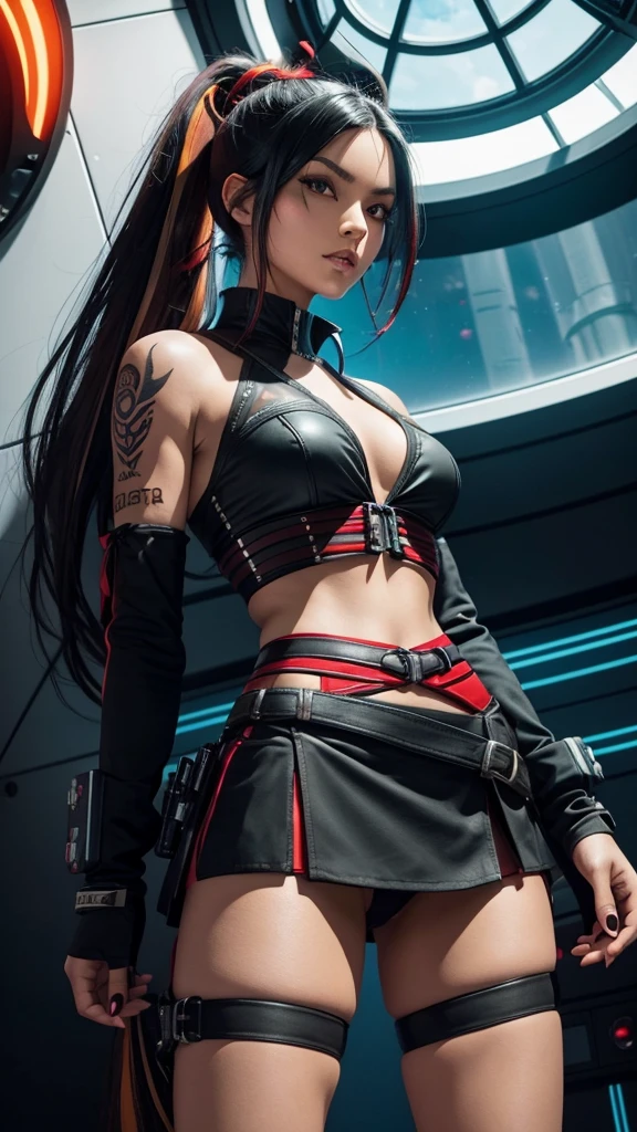 Pitite tan woman,  long raven black hair with vibrant red highlights tied up into a ponytail, tribal tattoos, tight corset top and mini skirt, lazer pistols strapped to both thighs just below the hem of her mini skirt, on a space ship, standing in front of a circular bay window, dark start view from the window 