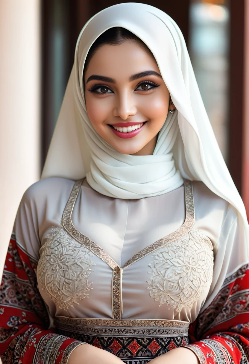 a hyperrealistic woman, flirtatious smile, Long hijab, close hijab, brown eyes, pale skin, photorealistic. instagram influencer, 20-year-old woman, model, full body, happy look, curvy figure, big breast, slim waist full body, in Sanaani traditional attire with red and black pattersn, in Sanaani Abaya , putting on modern Hijab, no make up
